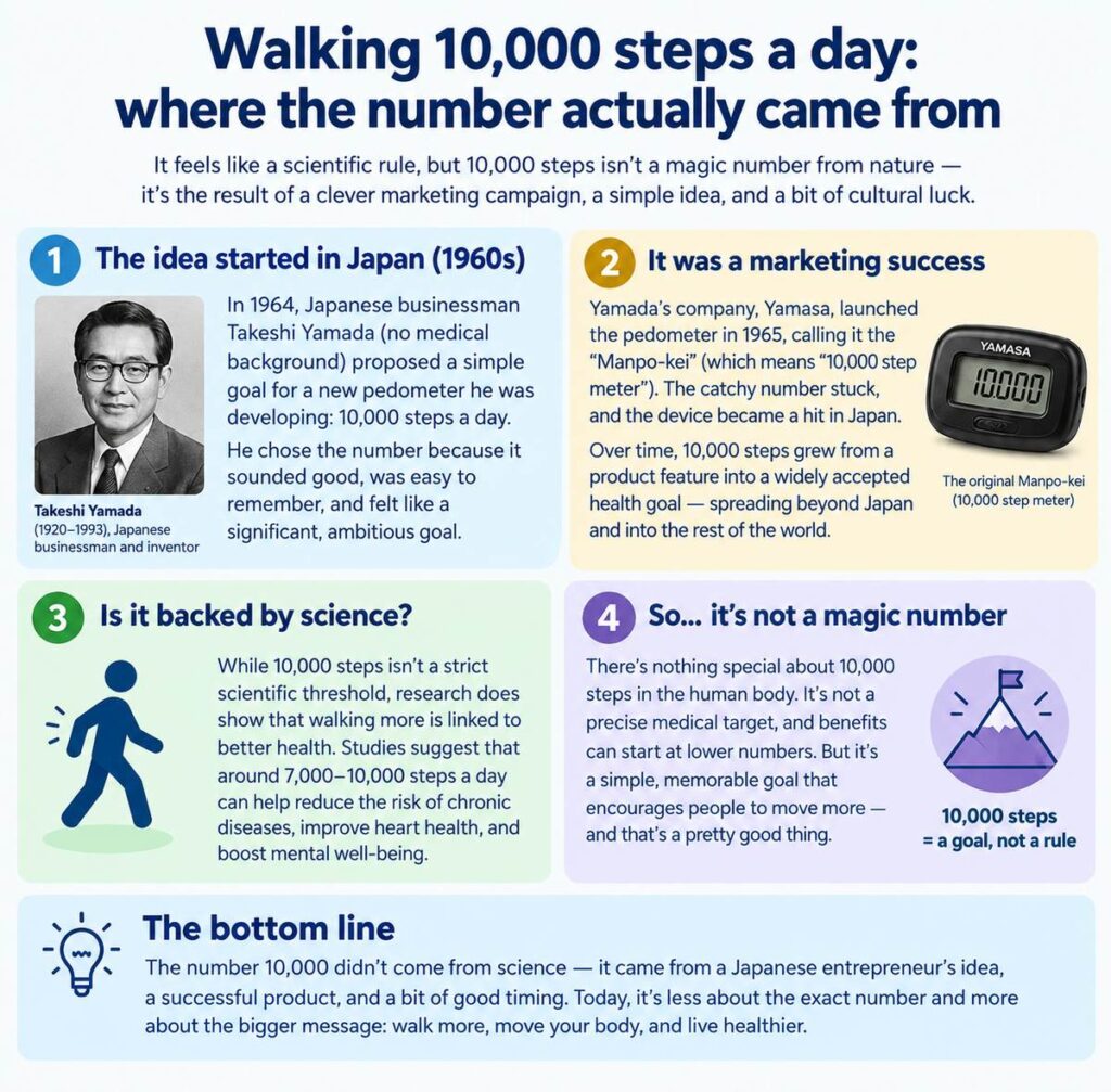 Walking 10,000 steps a day: where the number actually came from